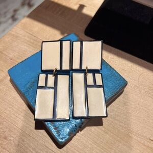 L Bott Mid Century Modern Drop Earrings 3 3/4” Geometric Block Black & Ivory